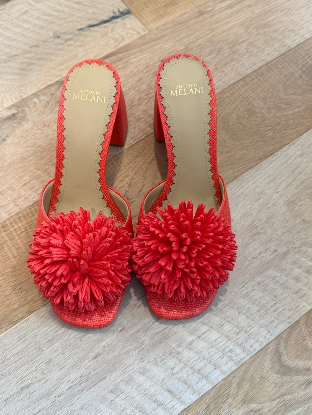 ANTONIO MELANI Coral Red Pom-Pom Slide Heels, 9.5M NWT - Picture 5 of 5
